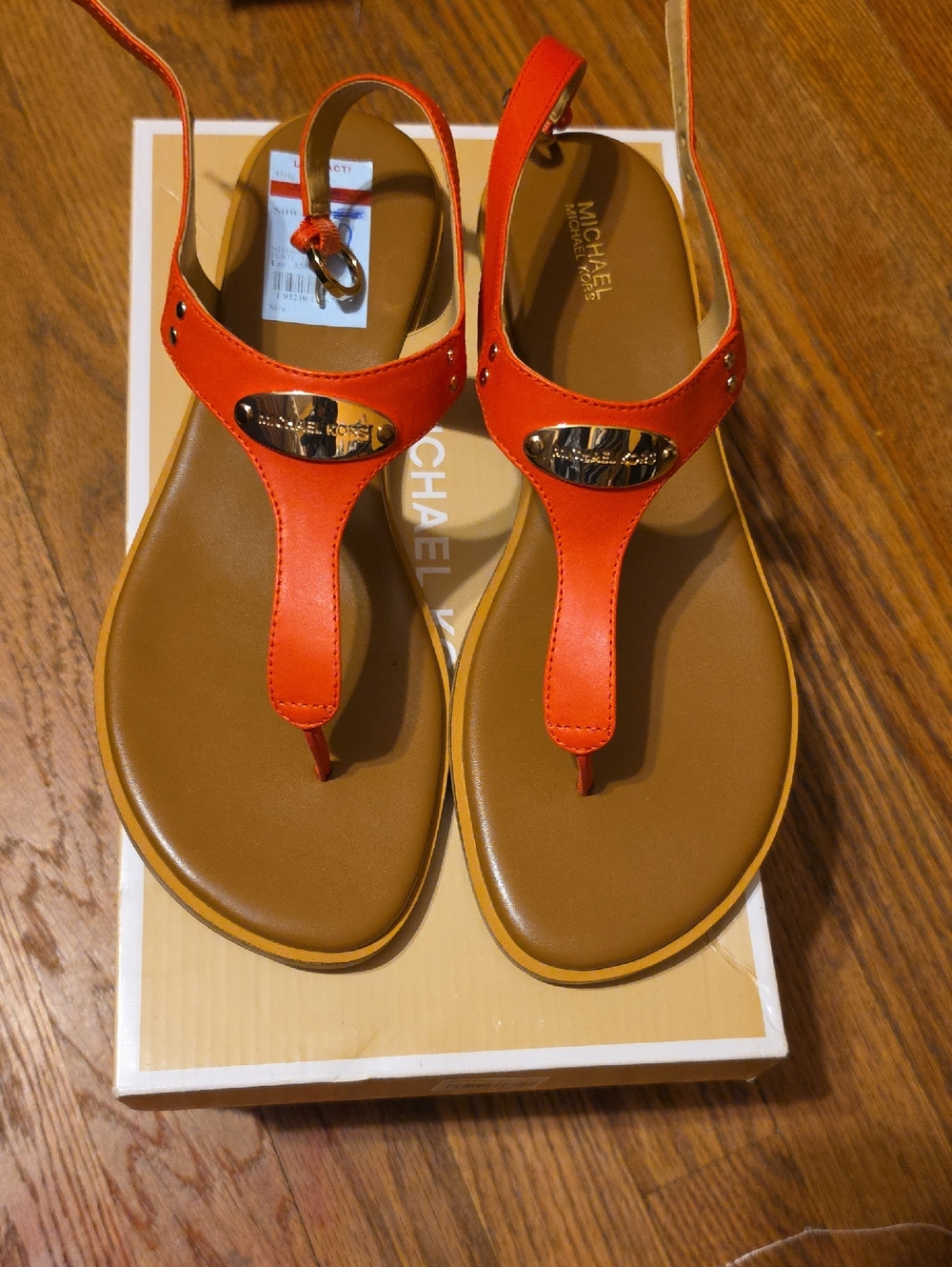 Michael Kors Orange T-Strap Leather Slingback Sandals with Gold Logo